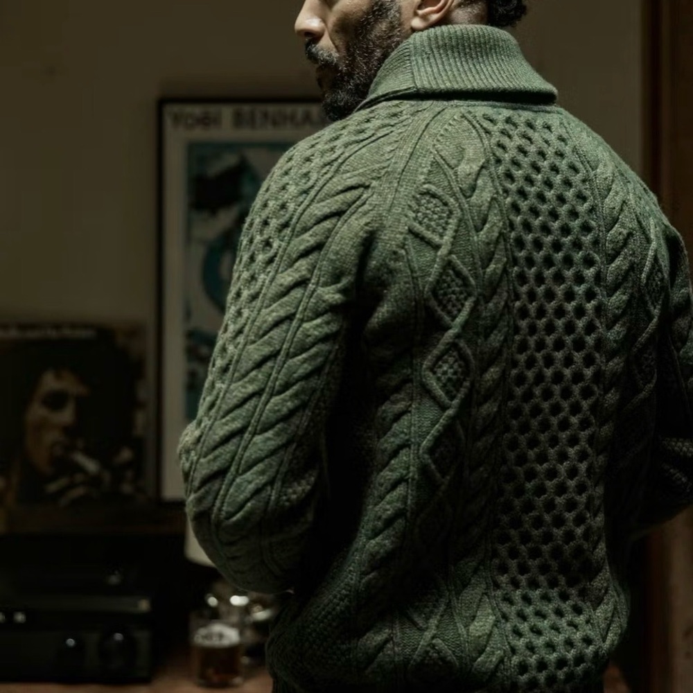 Flint & Tinder Men’s Aran Cable Knit Cardigan Sweater size medium heather pine - Picture 11 of 11